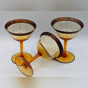 Vintage Fry Glass Champagne Sherbet Wine Glass With Gold Engraved Trim